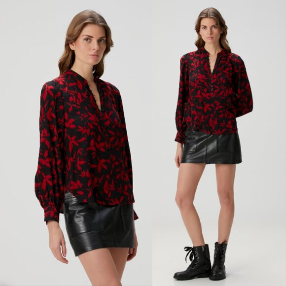 ZADIG & VOLTAIRE Twina Black Leaf Patterned Button Blouse Top Red Black Size M - Picture 1 of 13